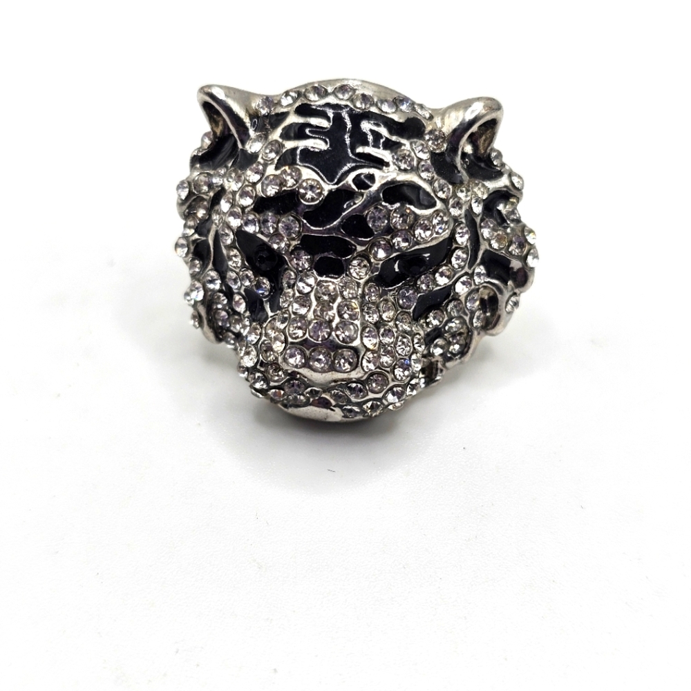 Gorgeous Tiger Head Silver Black Rhinestone Ring 8.5 Not Adjustable